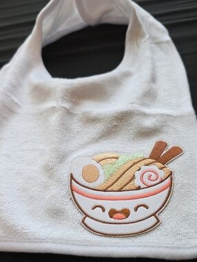 White Baby Bib with Cute Ramen Bowl Embroidery